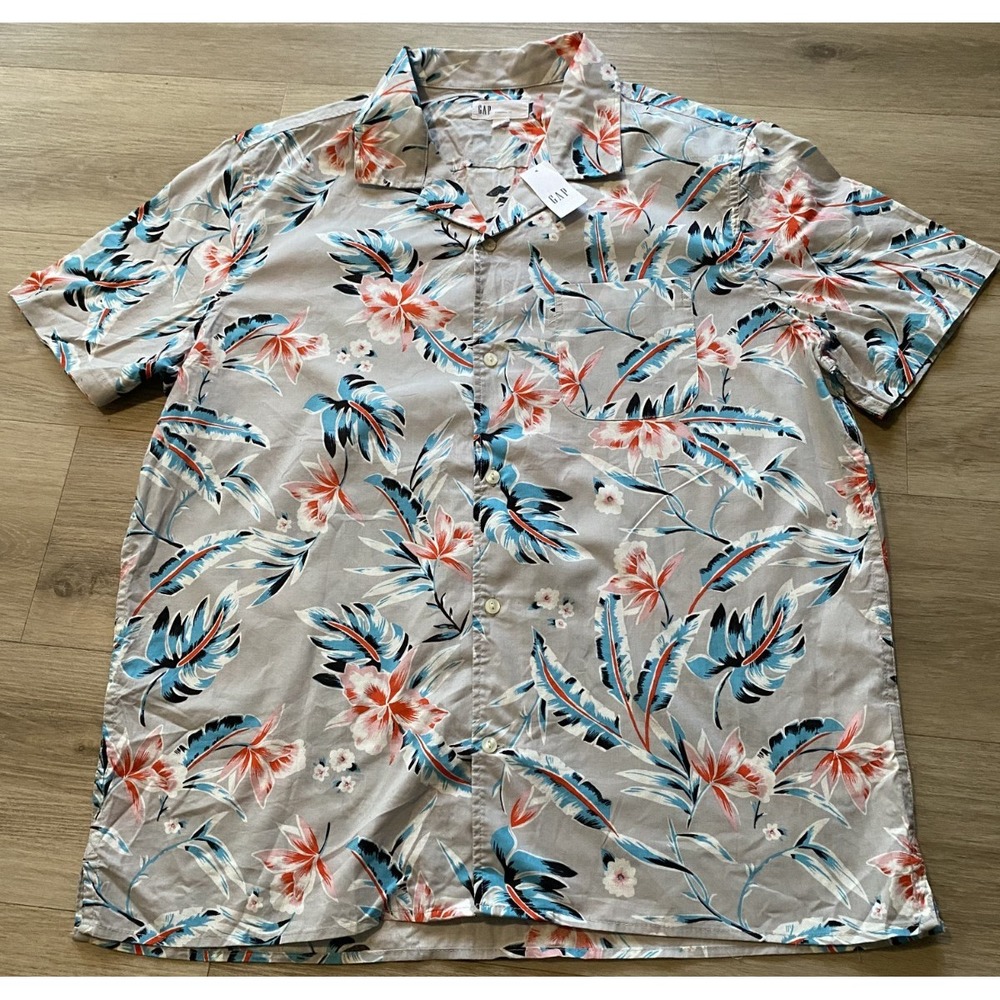 GAP Men L Standard Fit Hawaiian Floral Tropical Short Sleeve Button Shirt